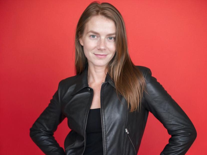 A woman standing with hands on hips wearing a black leather jacket over a black top, against a red background.