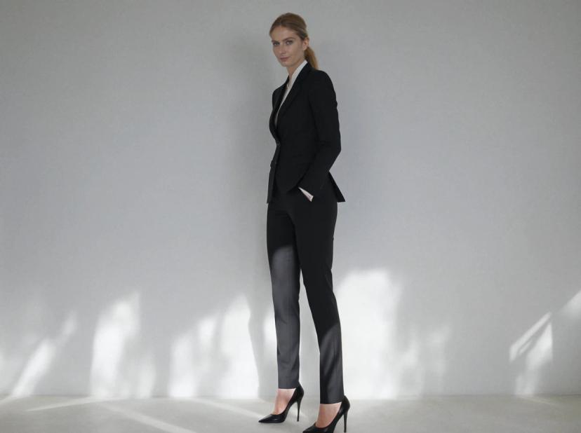 A woman standing in a room with a shadow pattern on the wall, wearing a black blazer, black trousers, and black high heels.