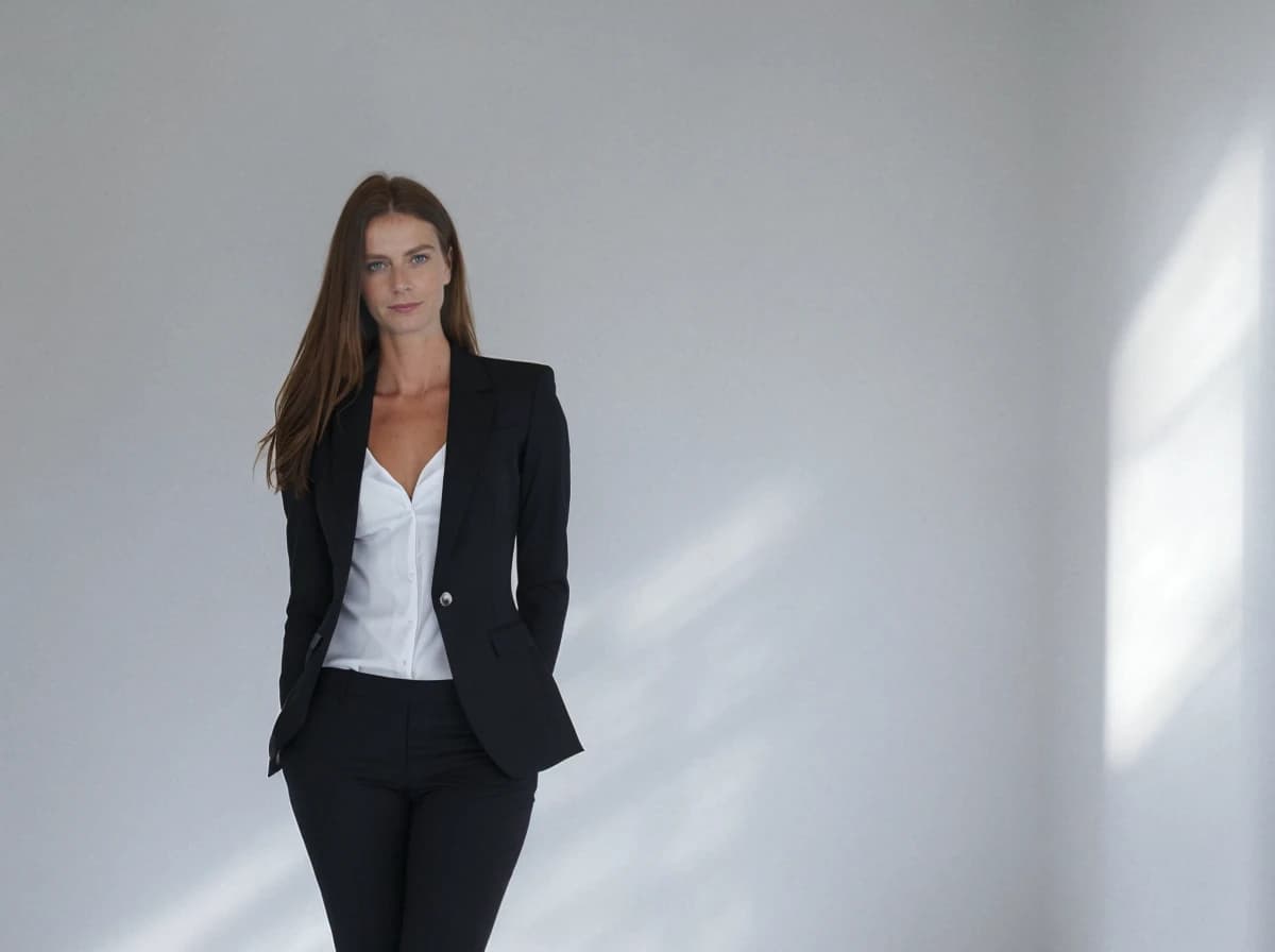 A woman standing in a well-lit room wearing a professional black suit with a white shirt.