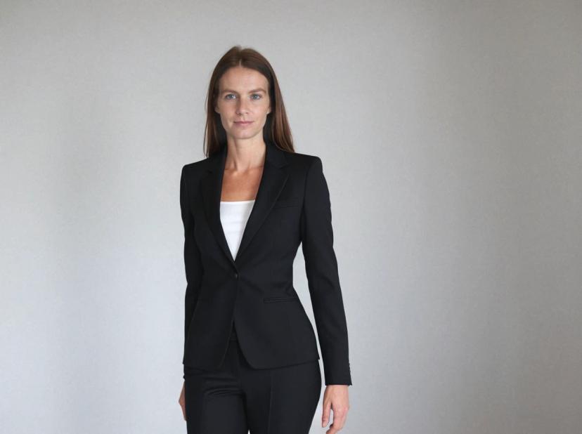 A woman wearing a black suit with a white shirt standing against a grey background.