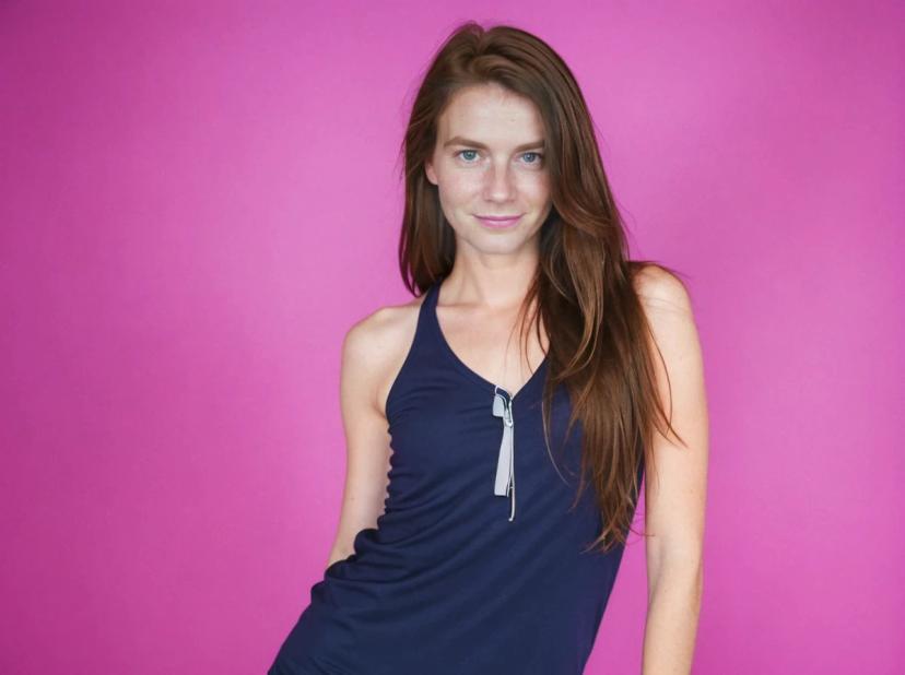 A woman with long brown hair wearing a dark blue tank top with a zipper in the front against a pink background.