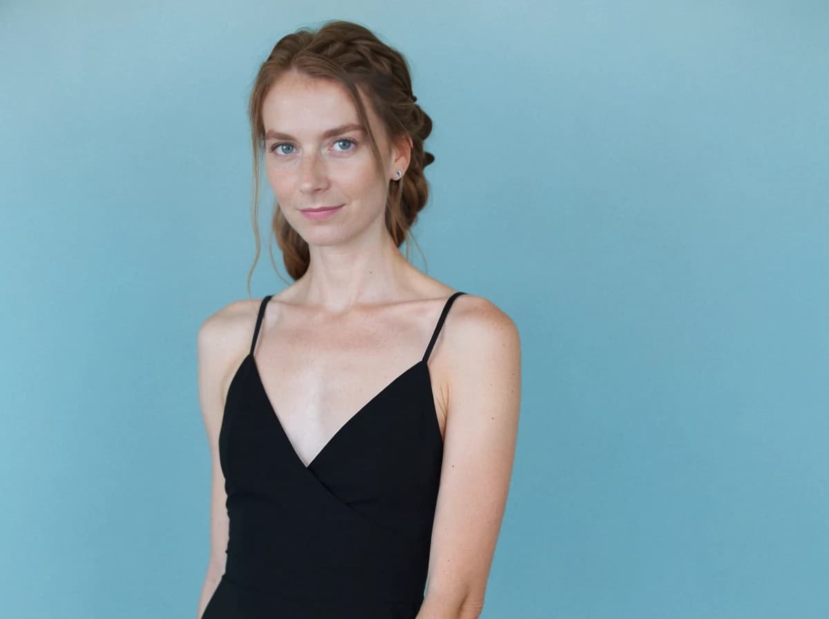 A woman with braided hair wearing a black spaghetti strap dress against a plain blue background.