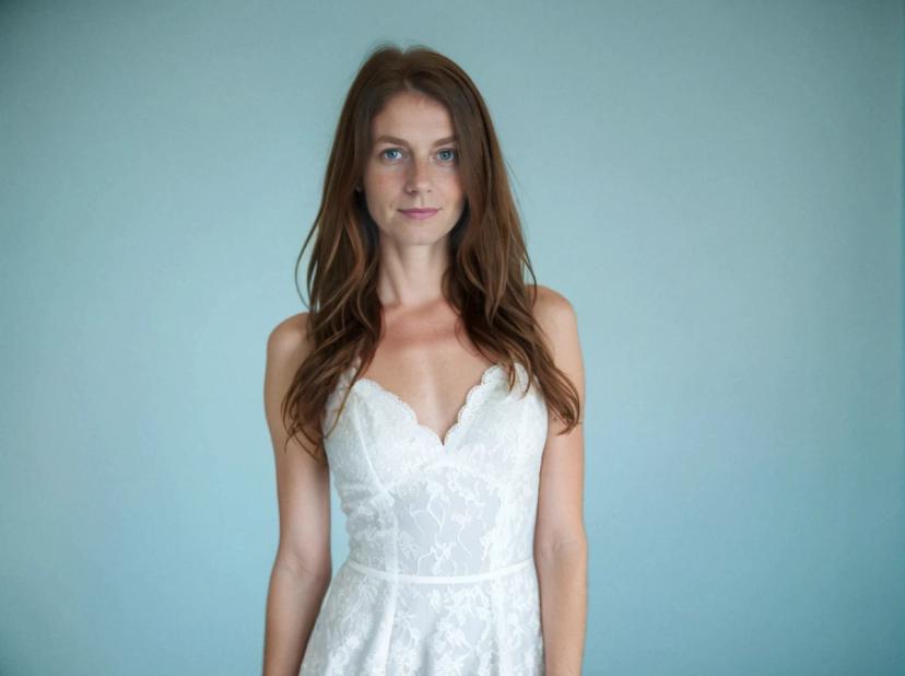 A woman with long brown hair in a white lace dress stands against a pale blue background.