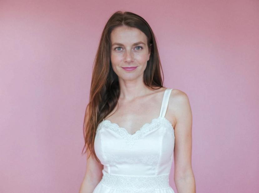 A woman with long brown hair wearing a white lace dress against a pink background.