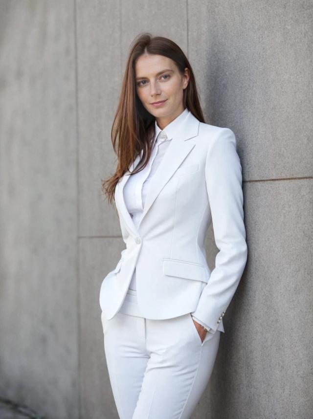 A woman dressed in a chic white blazer and trousers leaning against a concrete wall.