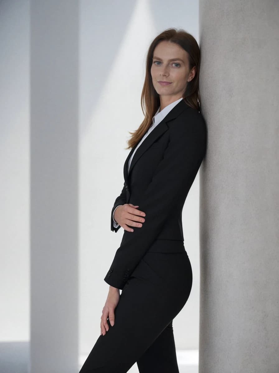 A woman dressed in a professional black suit with a white shirt, standing confidently with one hand placed on the hip, against a background of shadows and light cast by blinds on a sunny day.