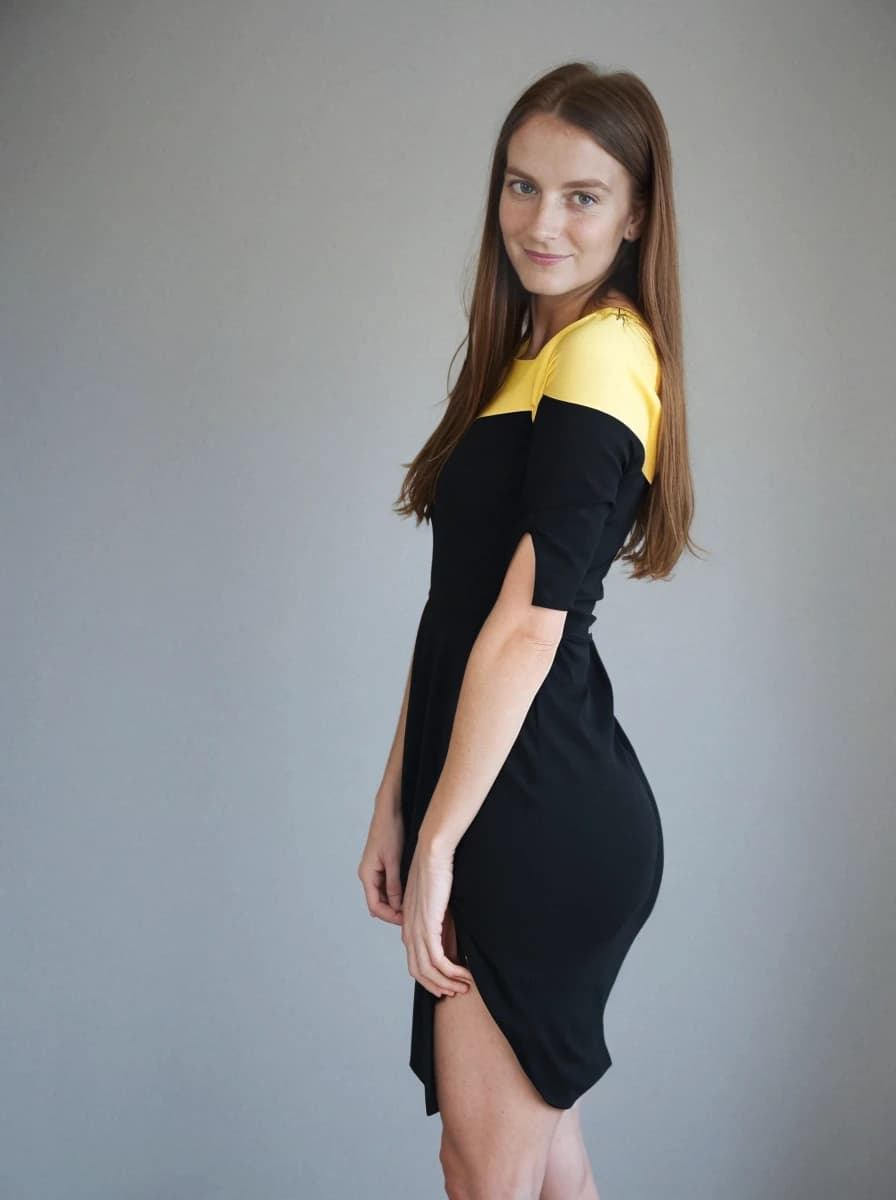 A woman in a black and yellow dress, standing sideways, with her left hand resting on her thigh, against a gray background.