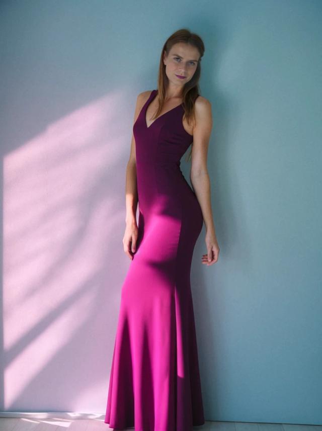 A woman wearing an elegant magenta gown with a V-neckline and a flared hem standing against a light blue wall, with sunlight casting a geometric shadow on the wall and the person’s gown.