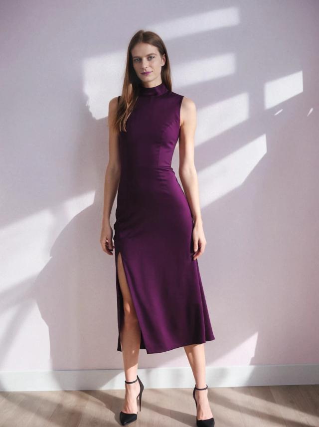 A woman standing in a room wearing a sleeveless purple midi dress with a high neckline and a side slit, paired with black ankle-strap heels. There are shadows cast on the wall and the floor from sunlight coming through a window.