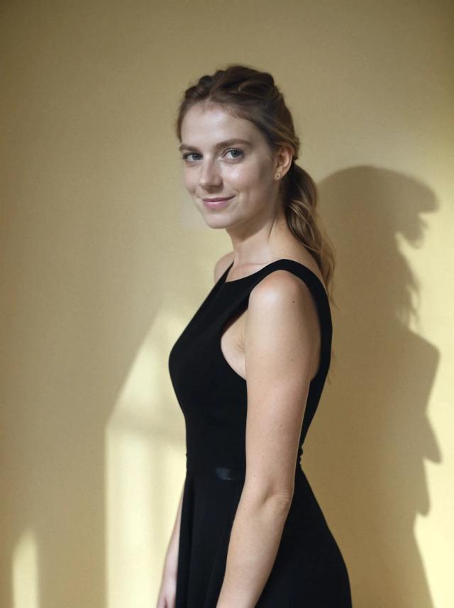 A woman in a black dress standing sideways against a beige wall with her shadow cast beside her.