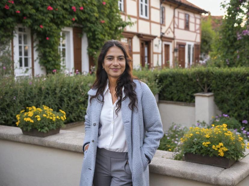 A woman wearing a grey coat and grey trousers standing in front of a traditional half-timbered house adorned with green ivy and pink flowers. There are yellow blooming flowers in the foreground on a stone wall, with lush greenery in the background.