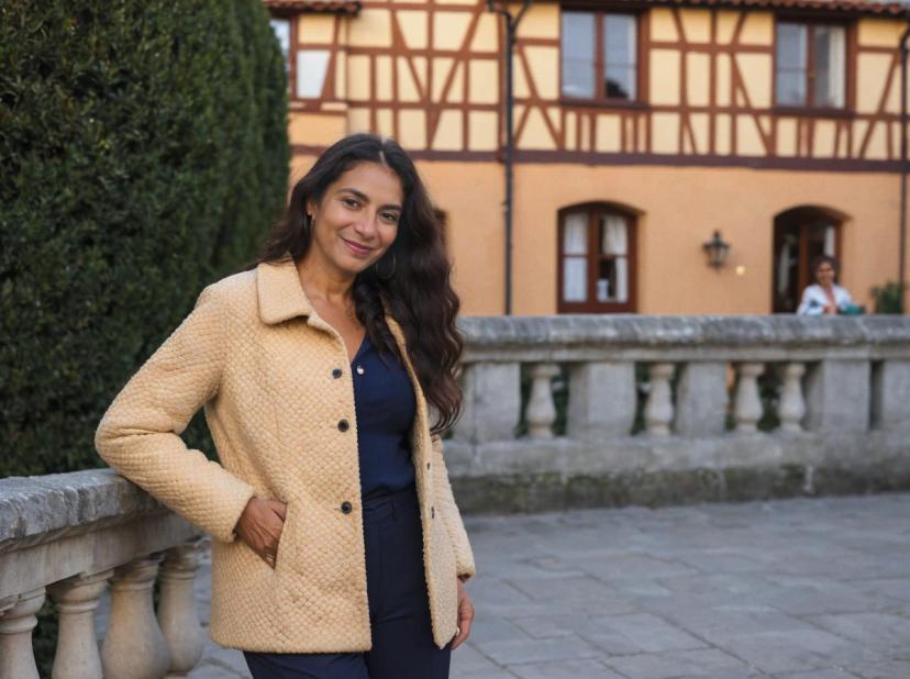 A woman stands in front of a classic half-timbered house with a beige and white exterior, featuring a stone balcony with balusters. They are wearing a textured yellow jacket over a navy blue shirt, paired with dark trousers. The environment suggests a calm, residential area with green shrubbery and a cobblestone ground.