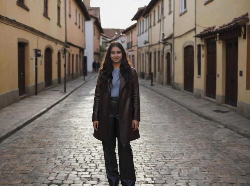 A woman standing in the middle of a cobblestone street lined with old European-style buildings. She is wearing a brown overcoat over a grey top and dark pants. The early evening or morning light creates a soft glow on the scene.