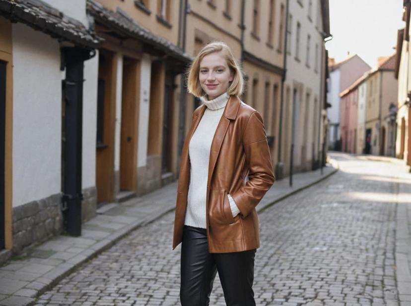 A woman standing on a cobblestone street with one hand in the pocket of a brown leather jacket over a white sweater and black pants, with historic European-style buildings lining the street.
