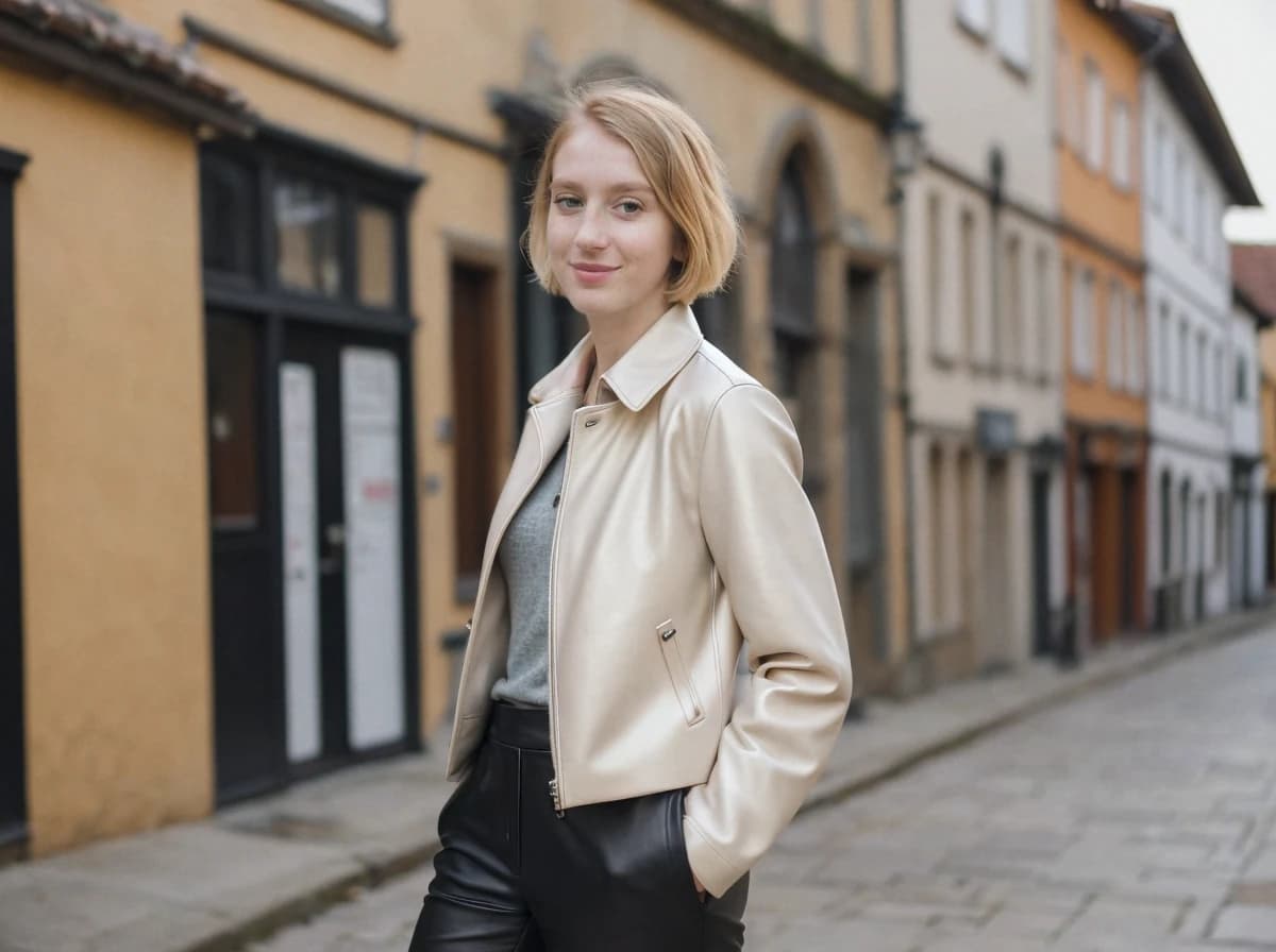 A woman wearing a white leather jacket and black pants standing on a cobblestone street with historic, colorful buildings in the background.