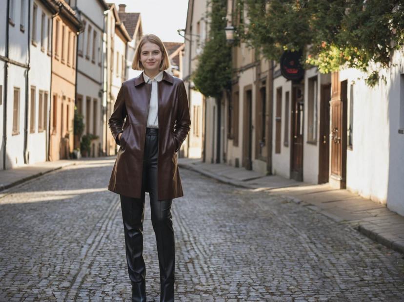 A woman standing in the middle of a cobblestone street lined with traditional European buildings, dressed in a stylish brown leather coat over a white shirt and black leather pants.