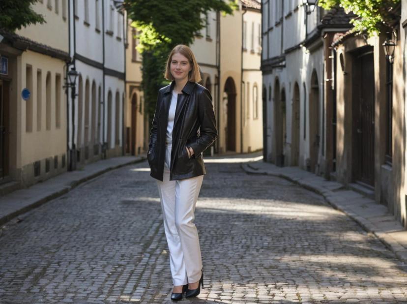 A woman standing in the middle of a cobblestone street in a quaint old town, wearing a black leather jacket, white top, and white trousers, complemented by black high heels. The buildings on either side of the street have a traditional European architectural style.