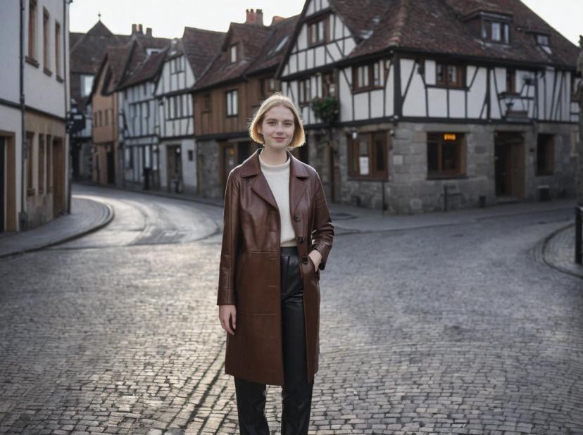 A woman wearing a brown leather coat over a cream sweater and black pants stands in the center of a cobblestone street in a quaint old town with timber-framed houses and winding roads in the background, imparting a serene European ambiance.