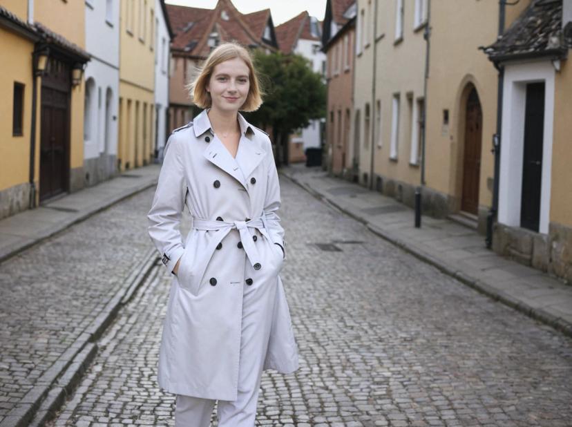 A woman wearing a white trench coat standing in the middle of a cobblestone street lined with colorful, traditional European buildings.