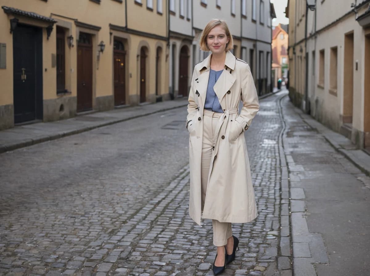 A woman standing in the middle of a cobblestone street lined with buildings, dressed in a beige trench coat, blue sweater, beige trousers, and dark shoes.