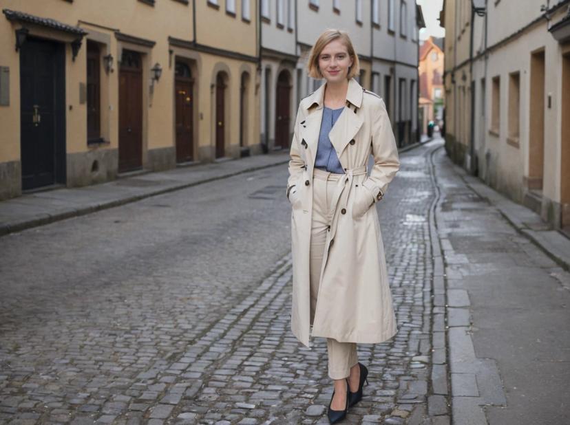 A woman standing in the middle of a cobblestone street lined with buildings, dressed in a beige trench coat, blue sweater, beige trousers, and dark shoes.