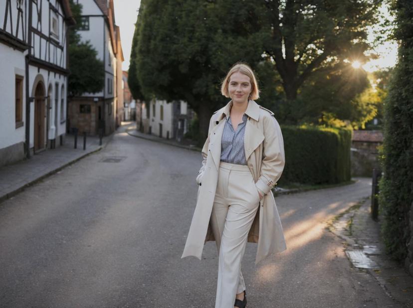 A woman wearing a beige trench coat and pants standing in the middle of a narrow cobblestone street, with traditional European buildings on the sides and trees with the sun setting in the background.