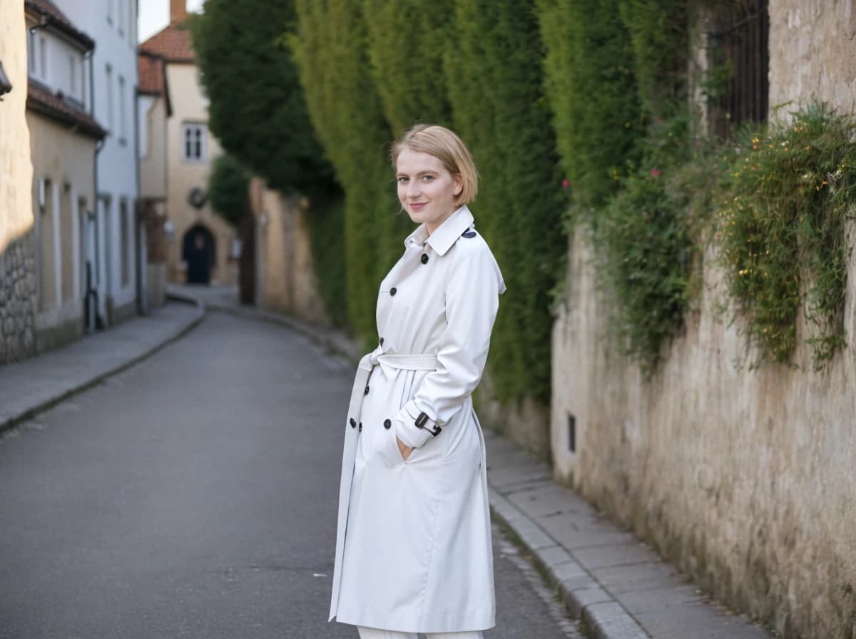 A woman standing in an old narrow street lined with traditional European houses and tall green hedges, wearing a white trench coat with black buttons.