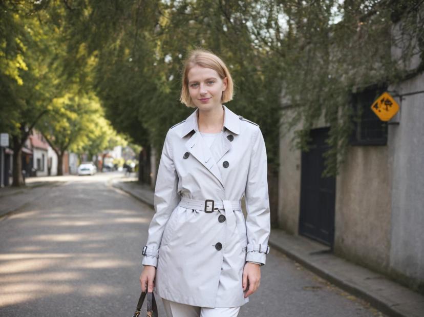 A woman wearing a beige trench coat holding a handbag is standing on a tree-lined street with cars and buildings in the background.