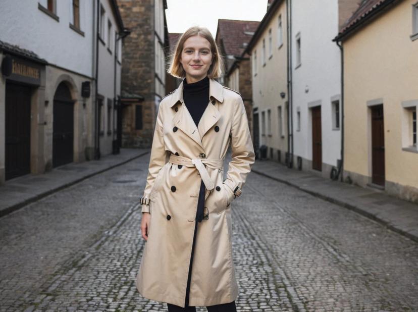 A woman wearing a beige trench coat and black top stands in a quaint cobblestone street bordered by traditional European buildings. The weather appears overcast.