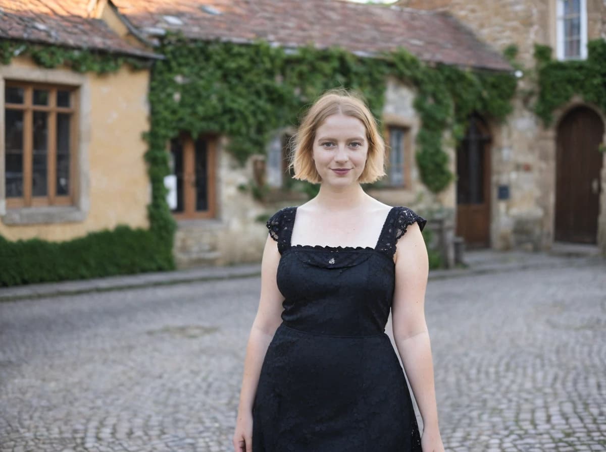 A woman wearing a black lace dress standing on a cobblestone street with a backdrop of an old house covered in green ivy.