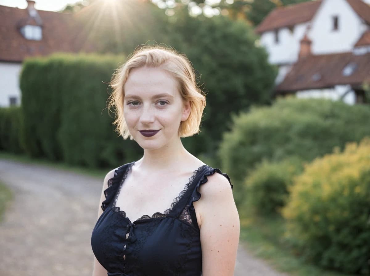 A woman with short blonde hair wearing a black sleeveless top with lace details standing on a path with green bushes and a white house in the background, bathed in the warm glow of sunlight.