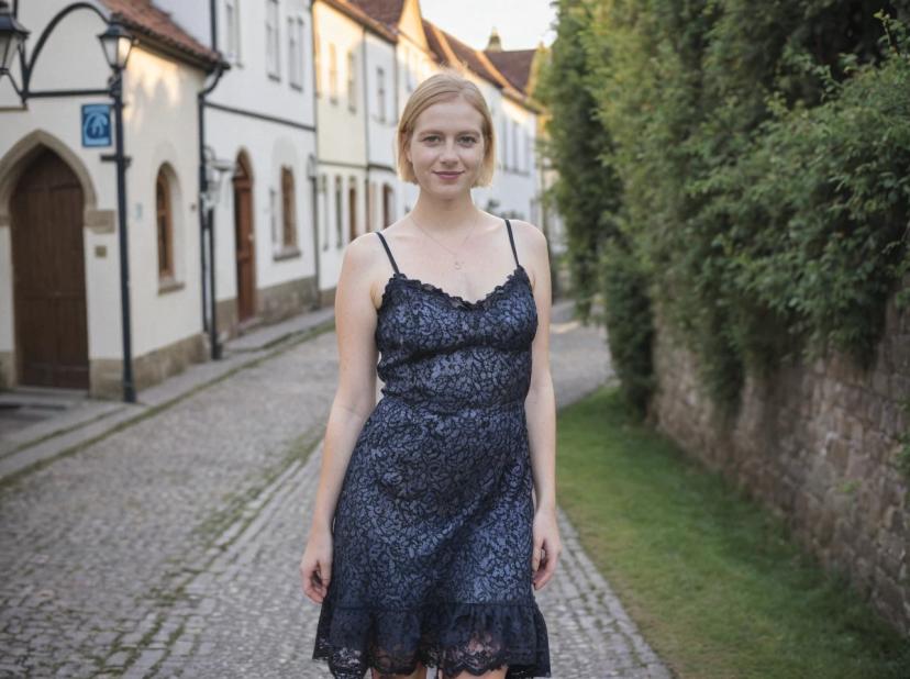 A woman in a dark blue lace dress standing in the middle of a cobblestone street, with historic white buildings and a lush green hedge lining the path.