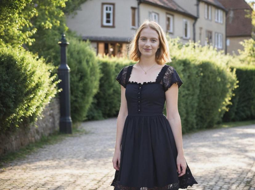 A woman wearing a black dress with lace details stands on a town cobblestone path, with a background of green bushes and houses.
