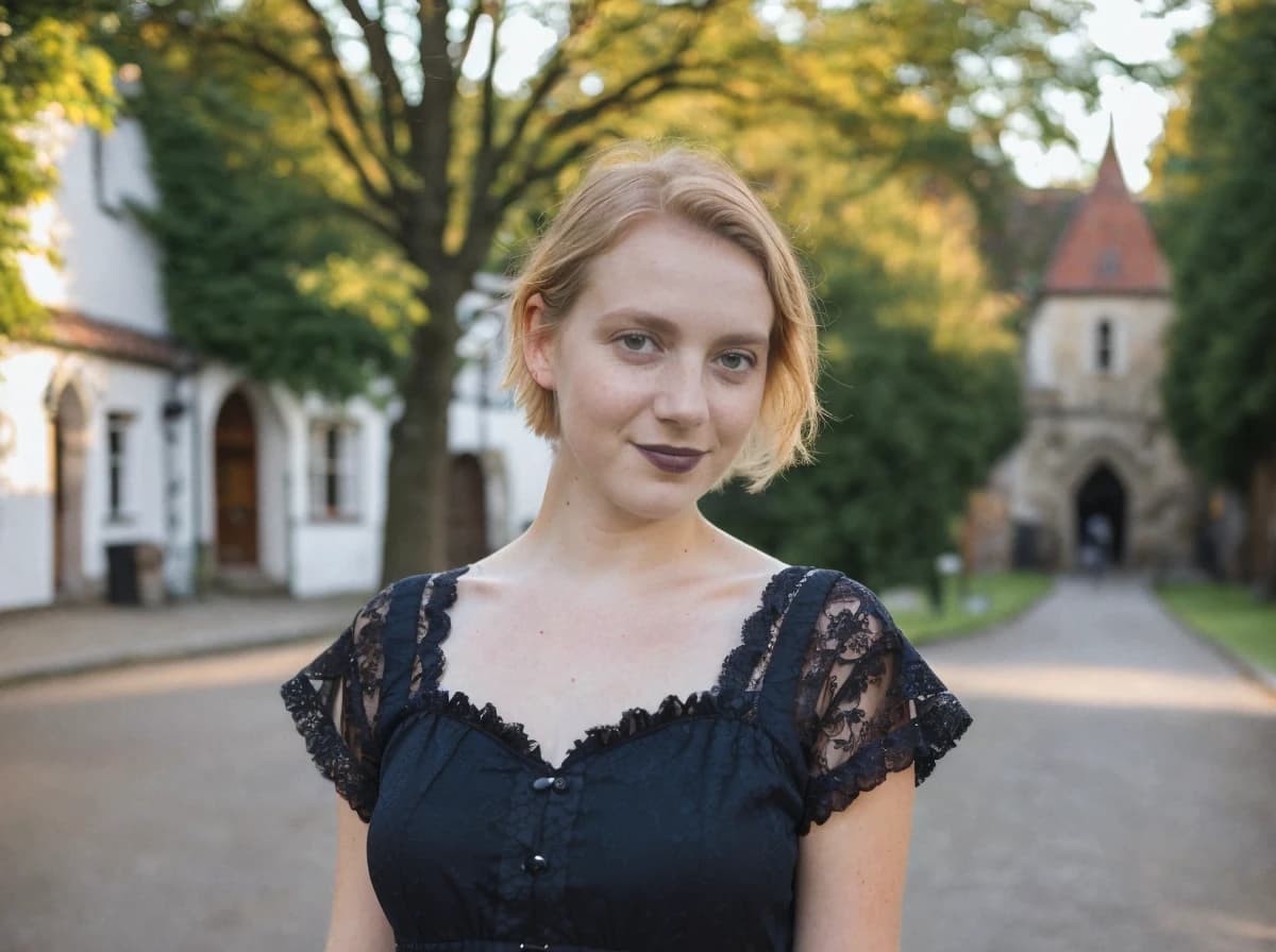 A woman with blonde hair wearing a black lace dress standing on a pathway with a historic building and an archway in the background surrounded by greenery.