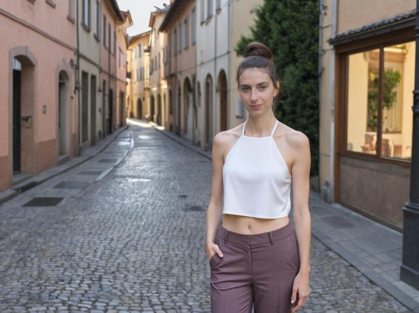 A woman wearing a white halter neck crop top and brown trousers stands in the center of an empty cobblestone street, flanked by pastel-colored buildings in what appears to be a quiet European neighborhood. The background features clear blue skies and well-trimmed greenery next to the buildings.