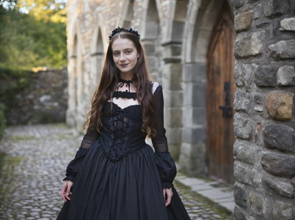 A woman in a Victorian-style black dress with lace detailing stands on a cobblestone path next to a historic stone archway and wooden door, amidst lush greenery.