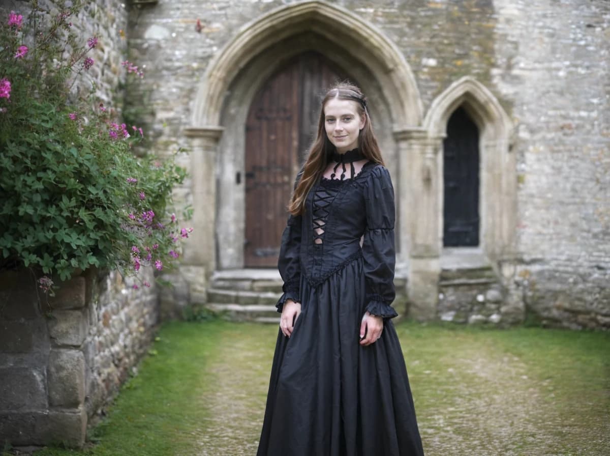 A woman in a long black dress with lace-up details on the chest stands in front of an old arched wooden door, possibly of a historical stone building, with flowering shrubs to the left.