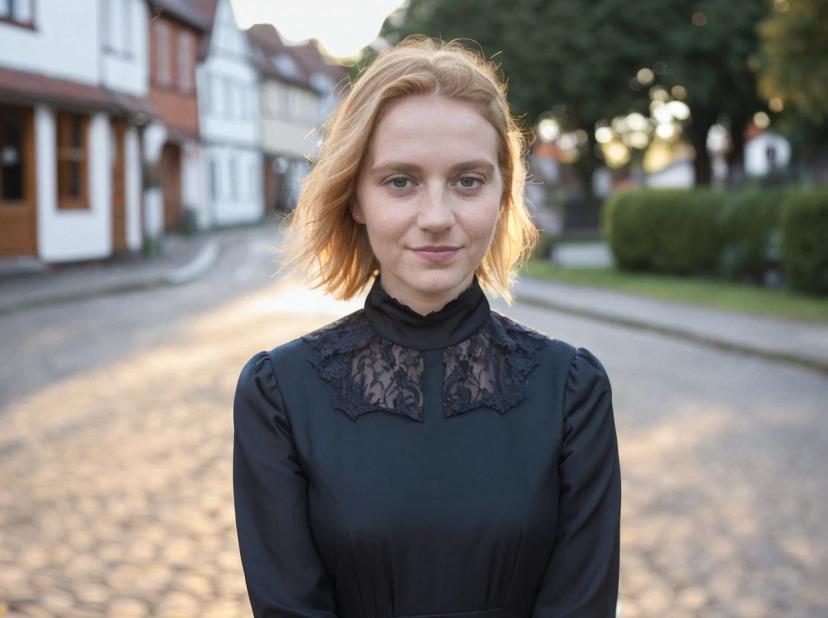 A woman with shoulder-length blonde hair wearing a black top with lace details stands on a cobblestone street, with Tudor-style houses and green shrubbery in the background, bathed in the glow of the setting sun.