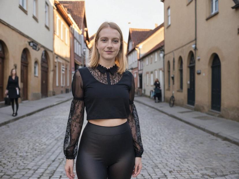 A woman standing in the middle of a cobblestone street, dressed in a black lace detailed crop top and black pants. Traditional European buildings line the street, and a few pedestrians are in the background.