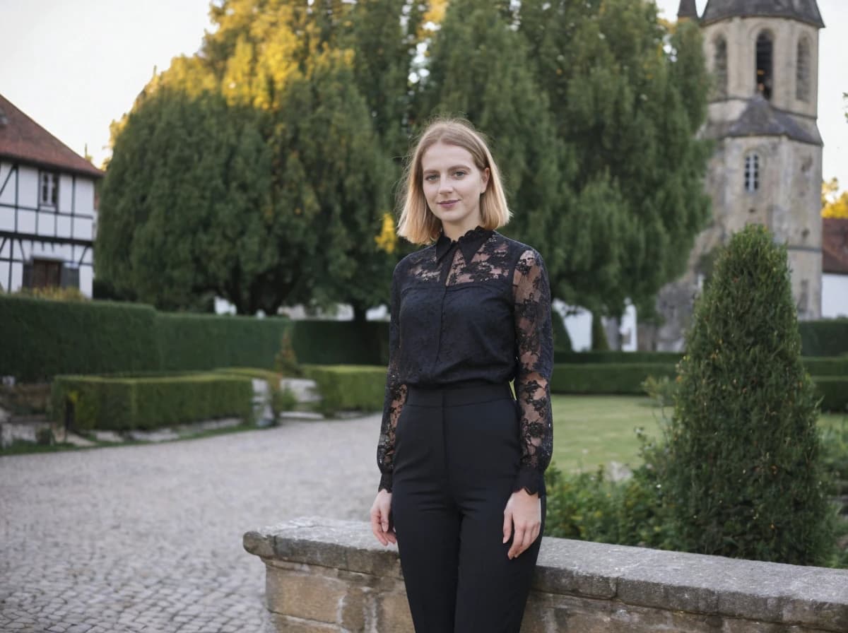 A woman standing in a garden with well-manicured hedges and trees, wearing a black lace top and black trousers, leaning against a stone wall with a historic half-timbered house and a church with a bell tower in the background.