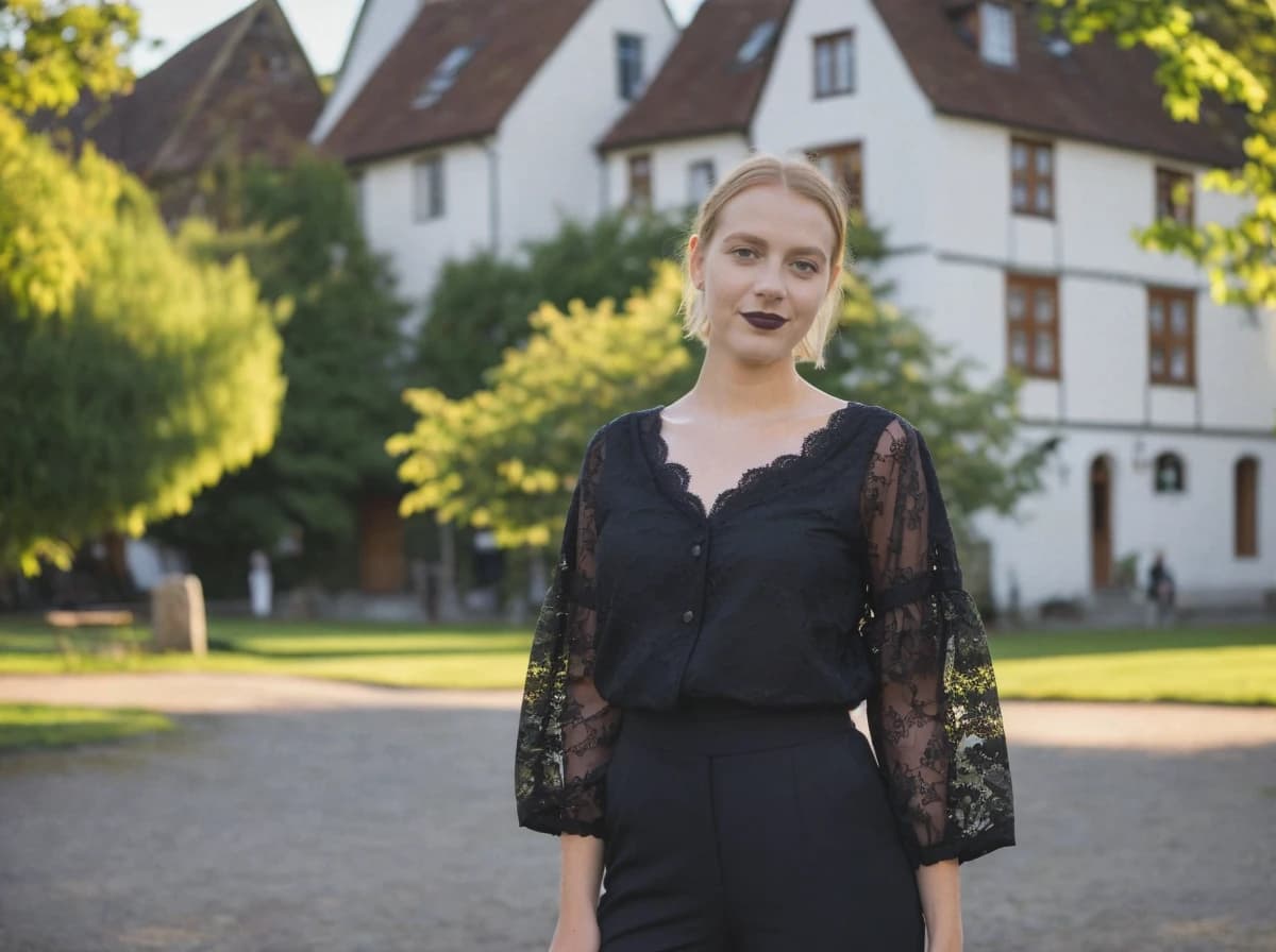 A woman standing in front of a historical white building with brown trimmings, surrounded by lush green trees. The individual is wearing a black lace-sleeved blouse paired with black pants.