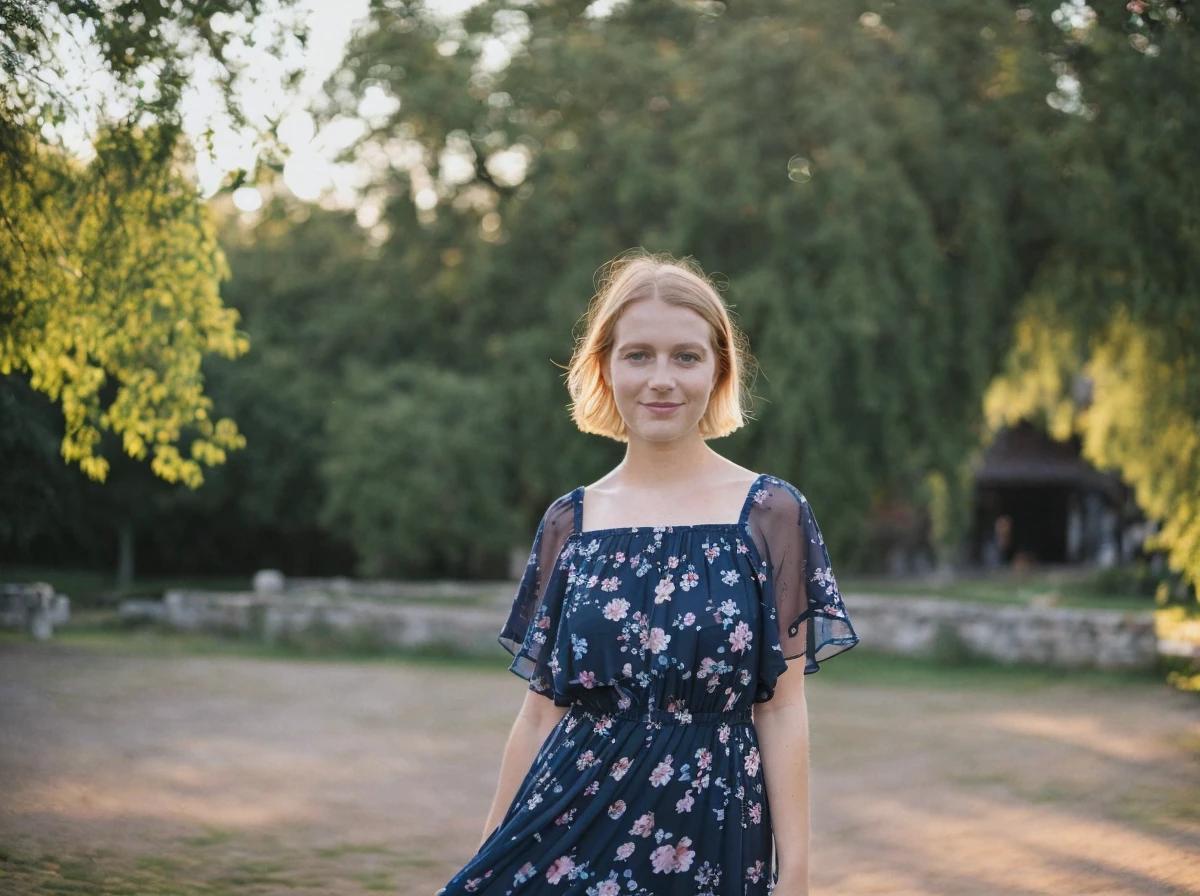 A woman in a floral dress standing in a park during sunset with trees and an old town house in the background.