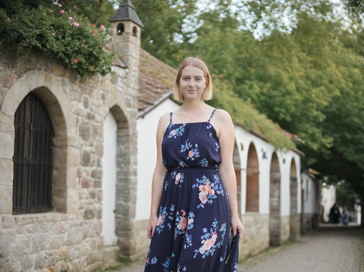 A woman in a sleeveless navy blue dress with a floral pattern stands in front of a historic building with arched doorways, next to a bush with pink flowers atop a stone wall. The background is a cobblestone street that leads to more white buildings with arches and a group of people in the distance. Trees with green foliage are also visible in the area.