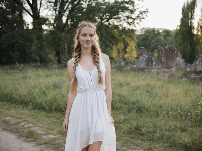 A woman with long braided hair wearing a white sleeveless dress standing in a field with greenery and ruined stone structures in the background.