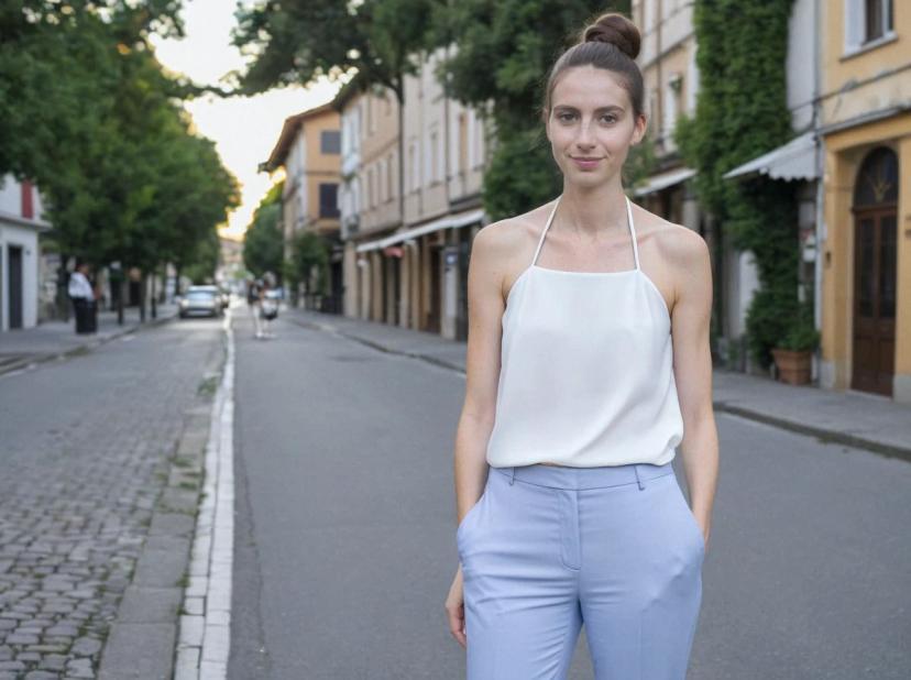 A woman with a bun hairstyle, wearing a white sleeveless top and light blue trousers, standing in the middle of a quaint town street lined with buildings and trees. The background shows a glimpse of the sunset at the end of the road.