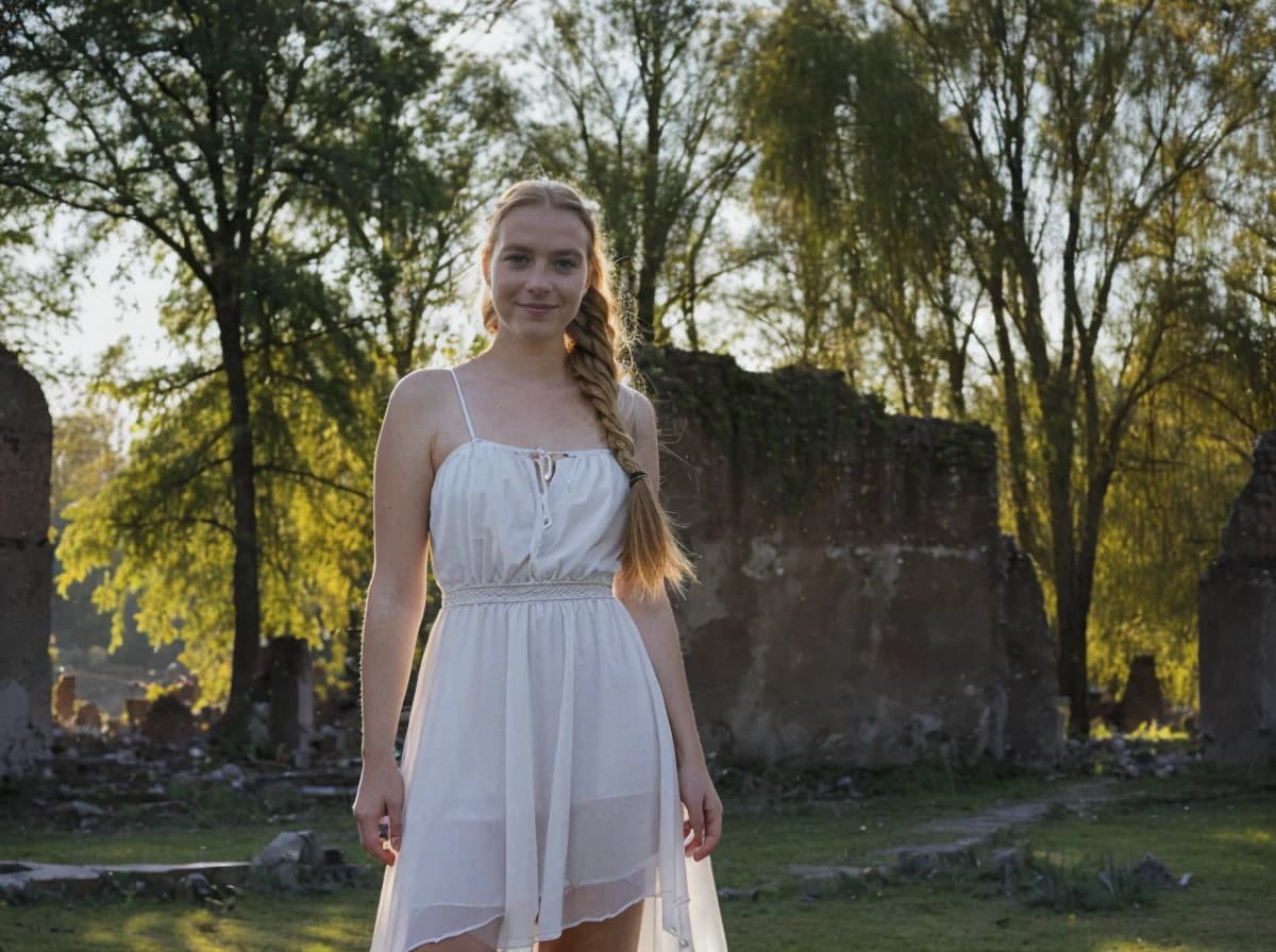 A woman with long braided hair wearing a white dress stands in a field with ruins and trees in the background bathed in soft sunlight.