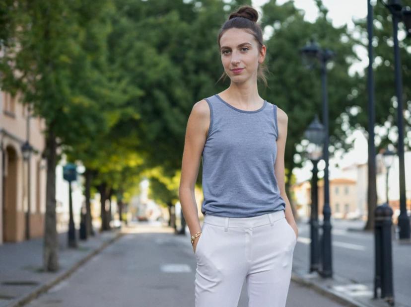 A woman stands in the center of a tree-lined street, wearing a gray tank top and white pants with hands casually placed in pockets. It's a sunny day with clear skies, and the scene is calm with no visible traffic.