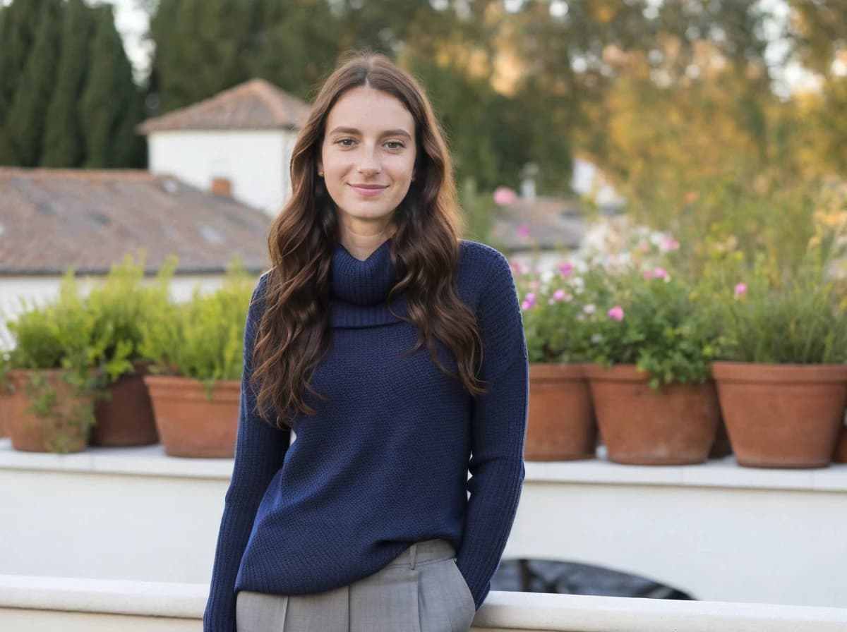 A woman with long brown hair wearing a navy blue turtleneck sweater and gray pants, leaning on a white balustrade with potted plants and a blurred background featuring trees and building rooftops.