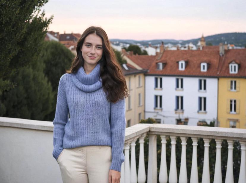A woman standing on a balcony with a view of European style buildings in the background during dusk. They are wearing a light blue turtleneck sweater and beige pants.