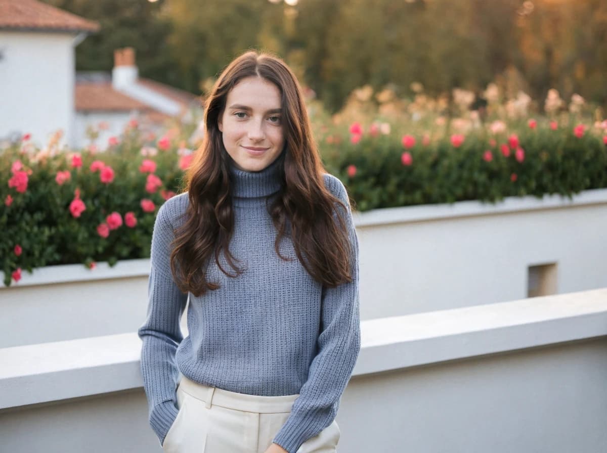 A woman with long brunette hair wearing a grey turtleneck sweater and cream-colored pants standing in front of white balustrade with blooming pink flowers and greenery in the background.